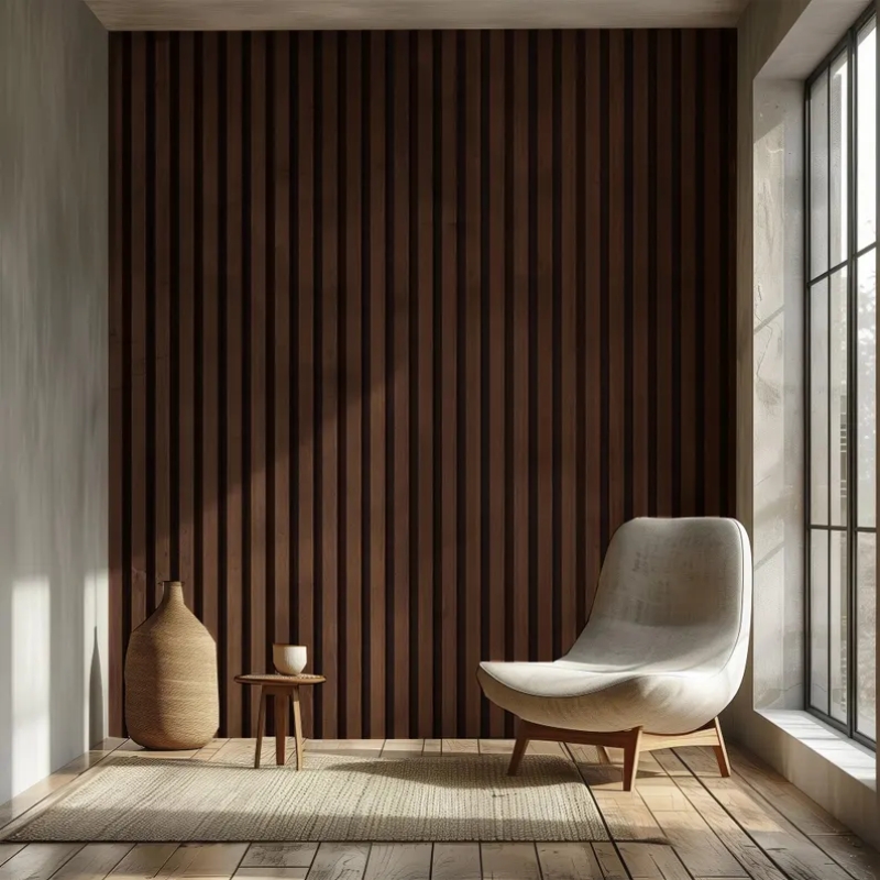 Modern Ribbed Wood Panel Wallpaper | Vertical Slats Acoustic Panel Effect | Minimalist Textured Wallpaper Mural