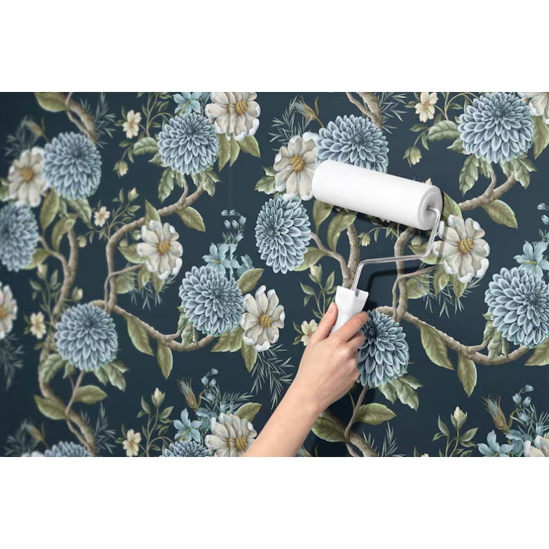 Elegant Blue Floral | Dark Botanical Mural with Large Flowers Wallpaper Mural