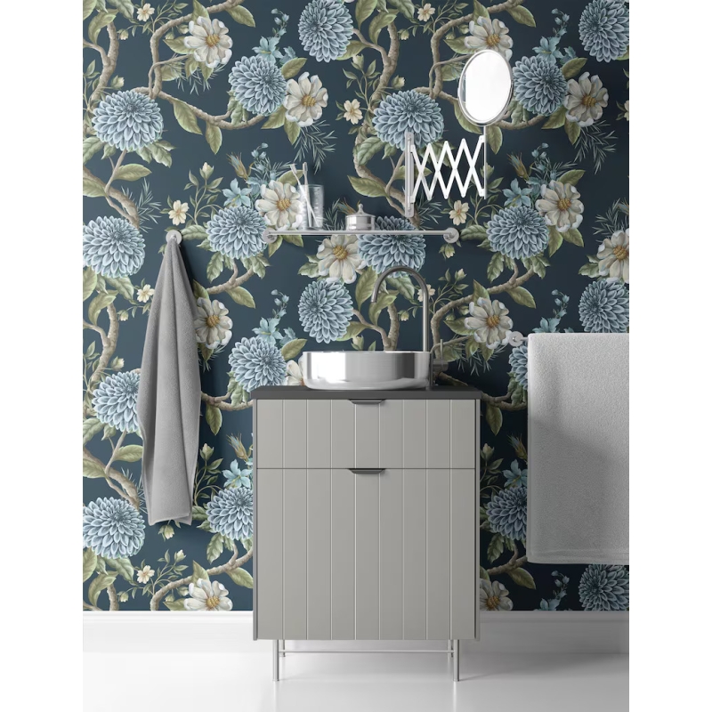 Elegant Blue Floral | Dark Botanical Mural with Large Flowers Wallpaper Mural