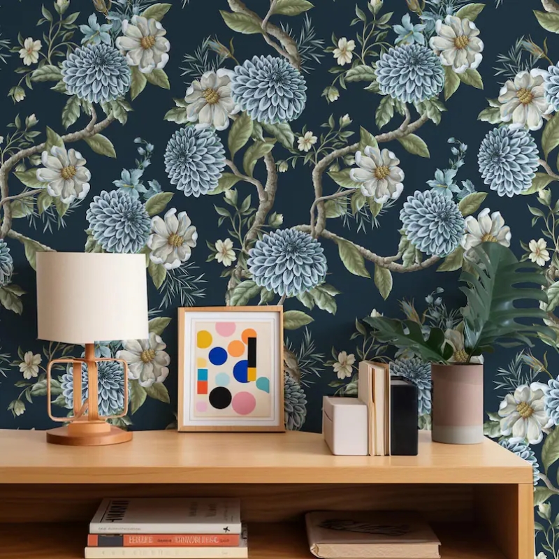 Elegant Blue Floral | Dark Botanical Mural with Large Flowers Wallpaper Mural