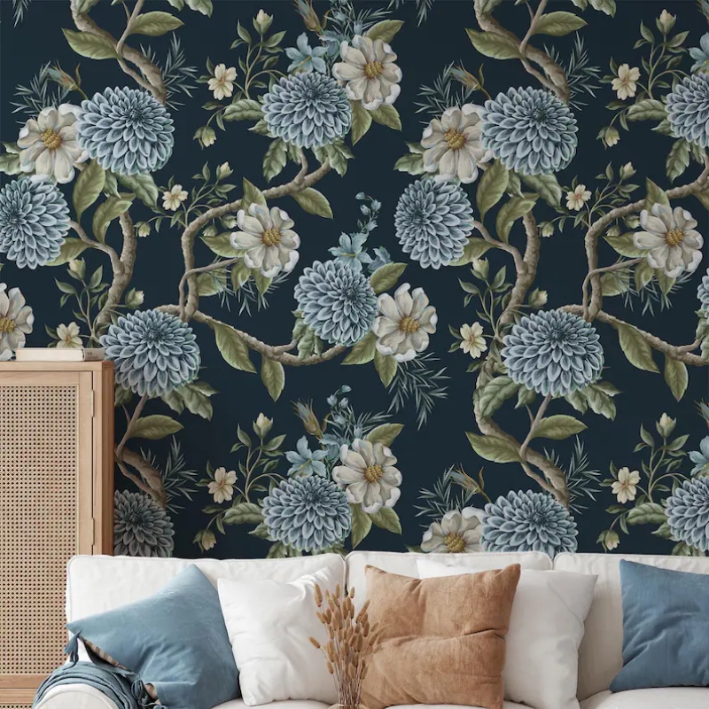 Elegant Blue Floral | Dark Botanical Mural with Large Flowers Wallpaper Mural