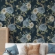 Elegant Blue Floral | Dark Botanical Mural with Large Flowers Wallpaper Mural