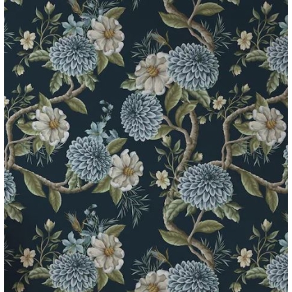 Elegant Blue Floral | Dark Botanical Mural with Large Flowers Wallpaper Mural
