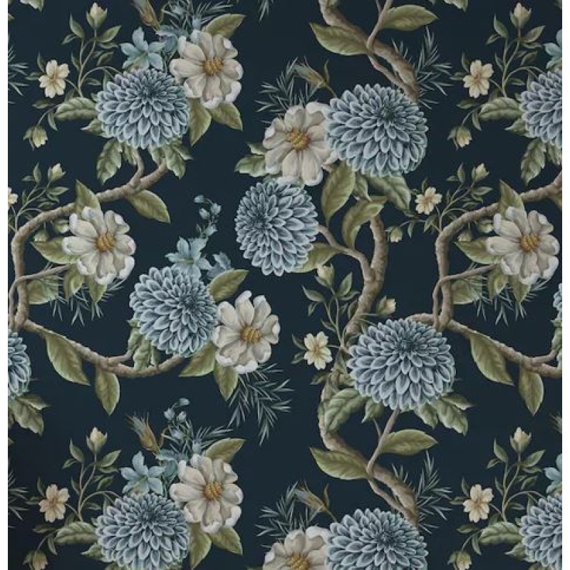Elegant Blue Floral | Dark Botanical Mural with Large Flowers Wallpaper Mural