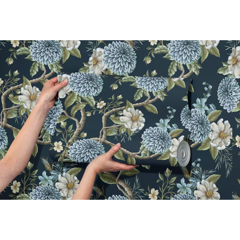 Elegant Blue Floral | Dark Botanical Mural with Large Flowers Wallpaper Mural