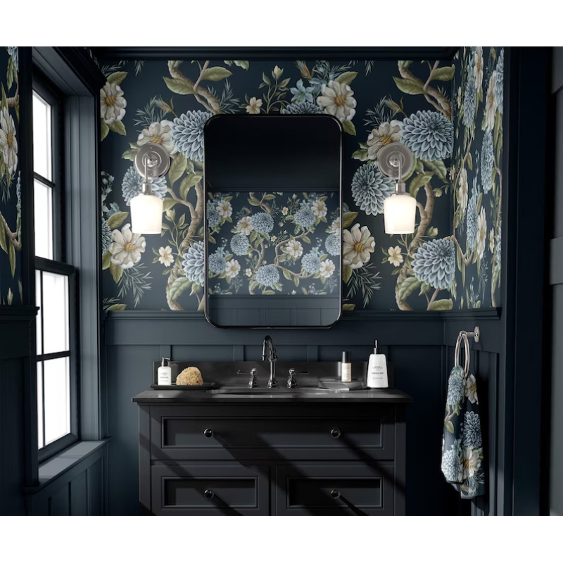 Elegant Blue Floral | Dark Botanical Mural with Large Flowers Wallpaper Mural