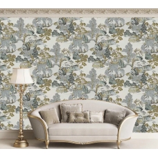 Chinoiserie Landscape Wallpaper | Muted Blue & Earthy Tones East Asian Scenic Wallpaper Mural