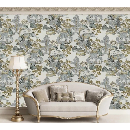 Chinoiserie Landscape Wallpaper | Muted Blue & Earthy Tones East Asian Scenic Wallpaper Mural