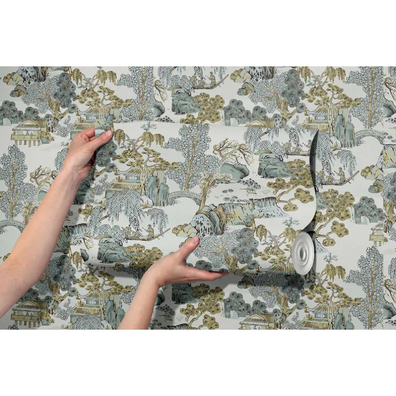 Chinoiserie Landscape Wallpaper | Muted Blue & Earthy Tones East Asian Scenic Wallpaper Mural