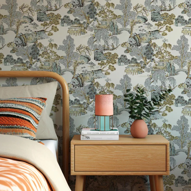 Chinoiserie Landscape Wallpaper | Muted Blue & Earthy Tones East Asian Scenic Wallpaper Mural