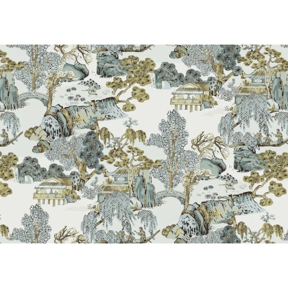 Chinoiserie Landscape Wallpaper | Muted Blue & Earthy Tones East Asian Scenic Wallpaper Mural