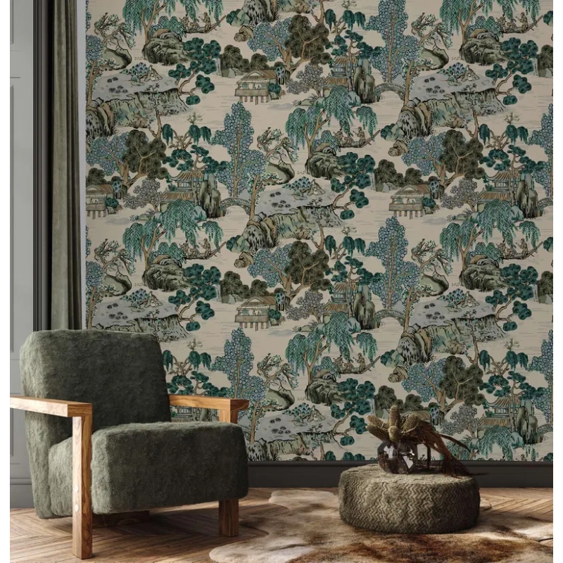 Chinoiserie Landscape Wallpaper | East Asian Scenic Wallpaper Mural