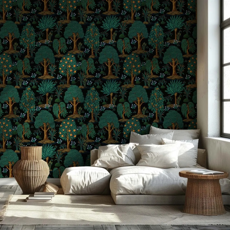 Lush Forest and Orange Tree Wallpaper | Dark Botanical Seamless Wallpaper Mural