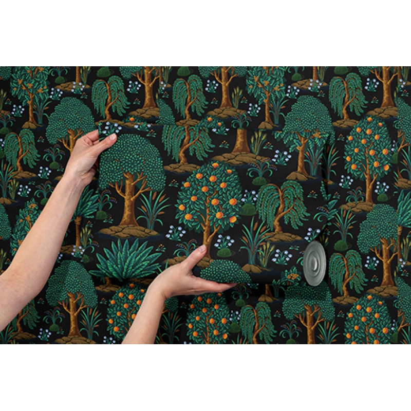 Lush Forest and Orange Tree Wallpaper | Dark Botanical Seamless Wallpaper Mural