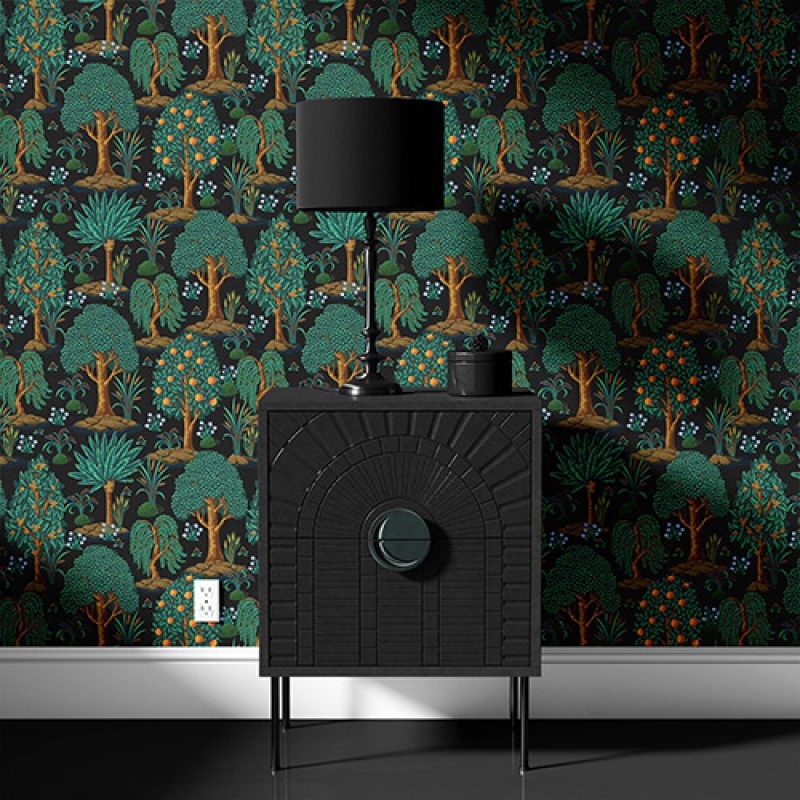 Lush Forest and Orange Tree Wallpaper | Dark Botanical Seamless Wallpaper Mural