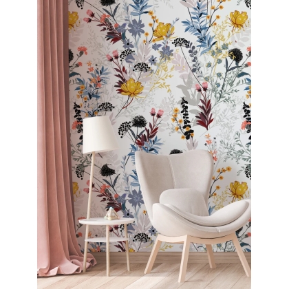 Wildflower Meadow Floral Wallpaper | Delicate Cottagecore Botanical Print | Light Background Nature Design Wallpaper Mural