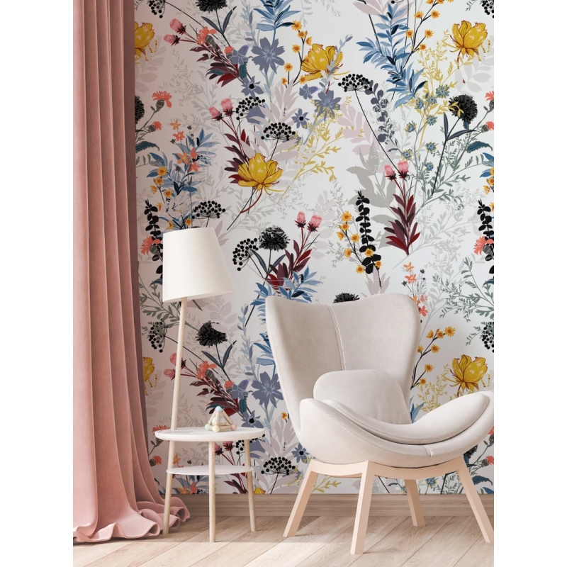 Wildflower Meadow Floral Wallpaper | Delicate Cottagecore Botanical Print | Light Background Nature Design Wallpaper Mural