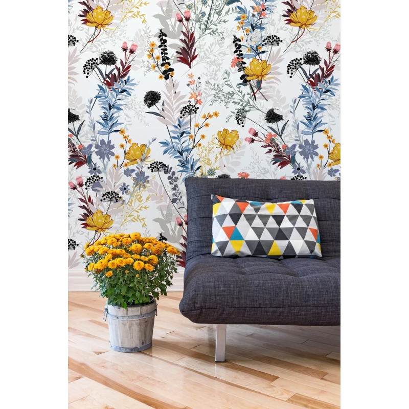 Wildflower Meadow Floral Wallpaper | Delicate Cottagecore Botanical Print | Light Background Nature Design Wallpaper Mural