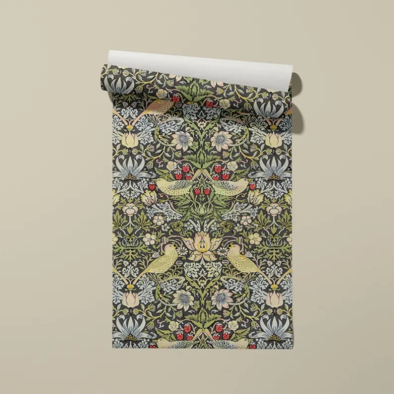 Strawberry Thief William Morris Wallpaper | Classic Arts and Crafts Floral Birds Pattern | Vintage Heritage Design Wallpaper Mural