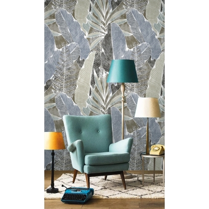 Muted Tropical Leaf Wallpaper | Large Banana Leaf Botanical Print | Modern Grey and Blue Foliage Wallpaper Mural