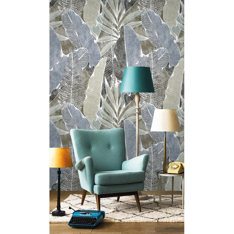 Muted Tropical Leaf Wallpaper | Large Banana Leaf Botanical Print | Modern Grey and Blue Foliage Wallpaper Mural