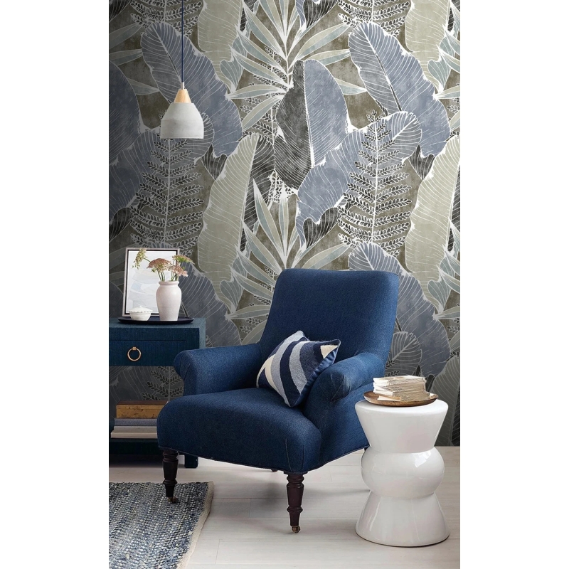 Muted Tropical Leaf Wallpaper | Large Banana Leaf Botanical Print | Modern Grey and Blue Foliage Wallpaper Mural