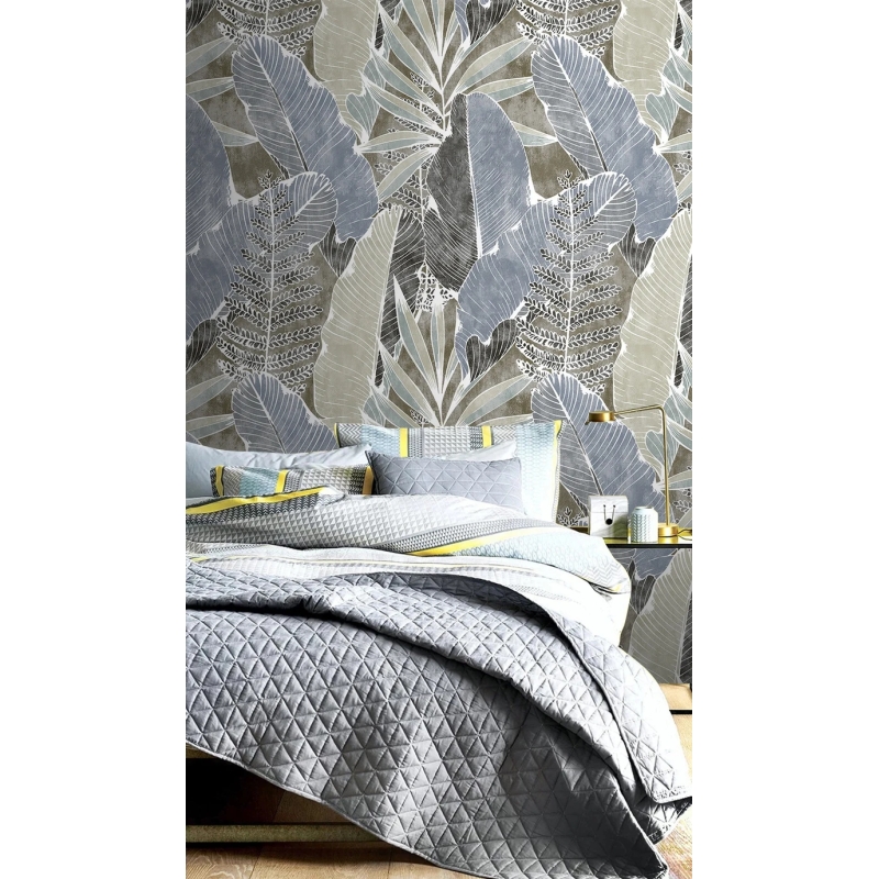 Muted Tropical Leaf Wallpaper | Large Banana Leaf Botanical Print | Modern Grey and Blue Foliage Wallpaper Mural