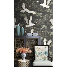 Japanese Cranes Wallpaper, Chinoiserie Wall Mural, Oriental Flying Birds Peel and Stick, Asian Landscape Wall Decor, Removable Wallpaper Mural