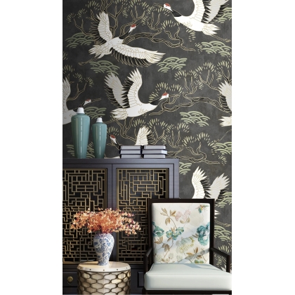 Japanese Cranes Wallpaper, Chinoiserie Wall Mural, Oriental Flying Birds Peel and Stick, Asian Landscape Wall Decor, Removable Wallpaper Mural