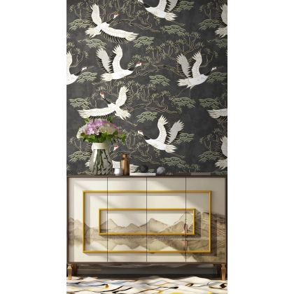 Japanese Cranes Wallpaper, Chinoiserie Wall Mural, Oriental Flying Birds Peel and Stick, Asian Landscape Wall Decor, Removable Wallpaper Mural