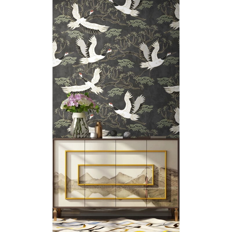 Japanese Cranes Wallpaper, Chinoiserie Wall Mural, Oriental Flying Birds Peel and Stick, Asian Landscape Wall Decor, Removable Wallpaper Mural