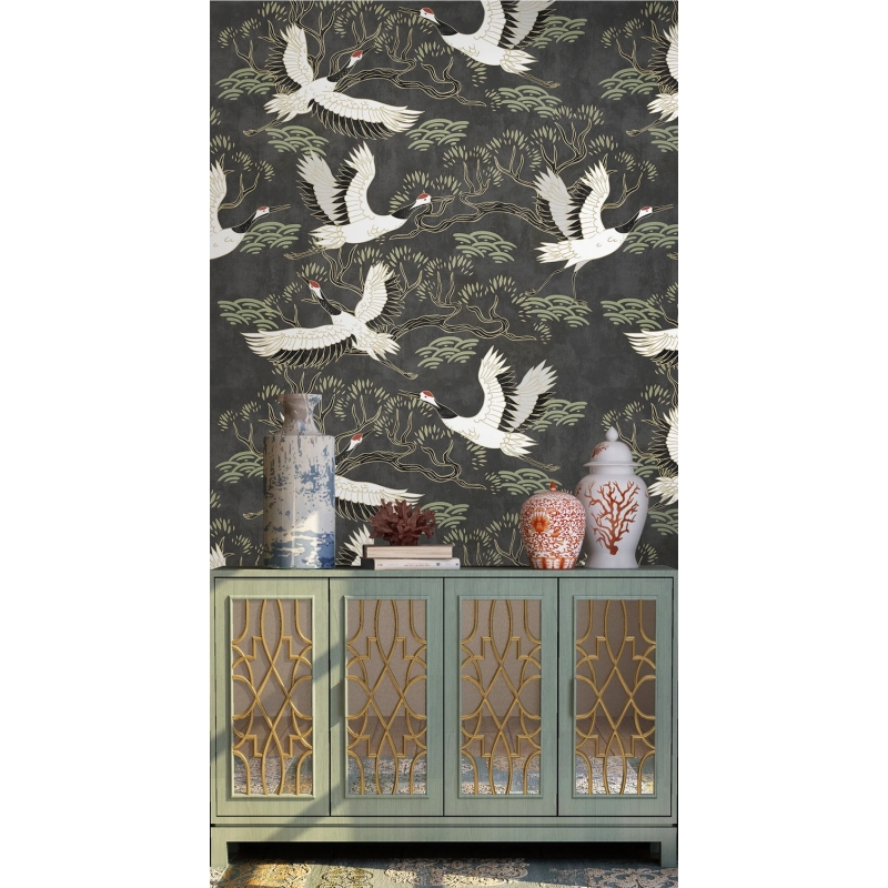 Japanese Cranes Wallpaper, Chinoiserie Wall Mural, Oriental Flying Birds Peel and Stick, Asian Landscape Wall Decor, Removable Wallpaper Mural