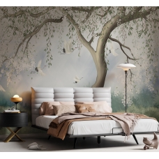 Zen Crane Bird and Tree Wallpaper - Maximalist Asian Botanical Mural