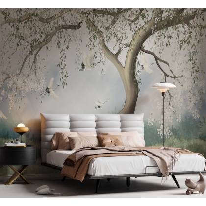 Zen Crane Bird and Tree Wallpaper - Maximalist Asian Botanical Mural