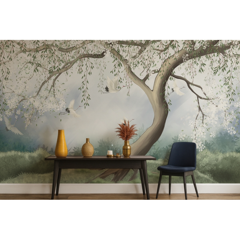 Zen Crane Bird and Tree Wallpaper - Maximalist Asian Botanical Mural