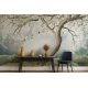 Zen Crane Bird and Tree Wallpaper - Maximalist Asian Botanical Mural