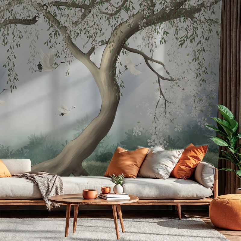 Zen Crane Bird and Tree Wallpaper - Maximalist Asian Botanical Mural