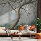 Zen Crane Bird and Tree Wallpaper - Maximalist Asian Botanical Mural