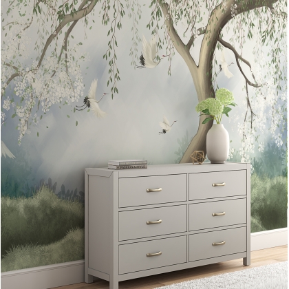 Zen Crane Bird and Tree Wallpaper - Maximalist Asian Botanical Mural