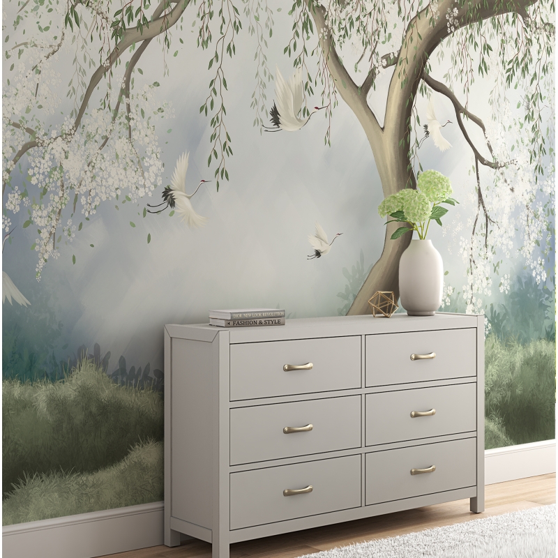 Zen Crane Bird and Tree Wallpaper - Maximalist Asian Botanical Mural