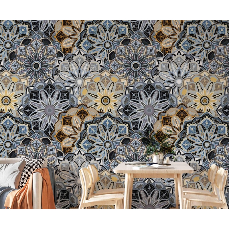 Bohemian Mandala Wallpaper | Ethnic Floral Seamless Pattern | Blue and Yellow Eclectic Wallpaper Mural