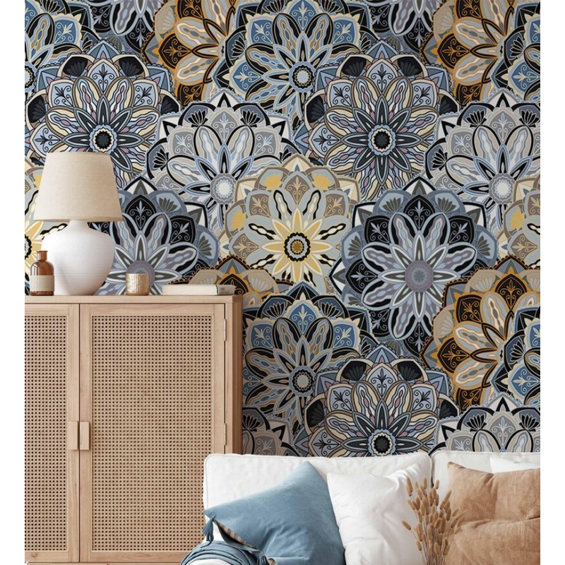 Bohemian Mandala Wallpaper | Ethnic Floral Seamless Pattern | Blue and Yellow Eclectic Wallpaper Mural