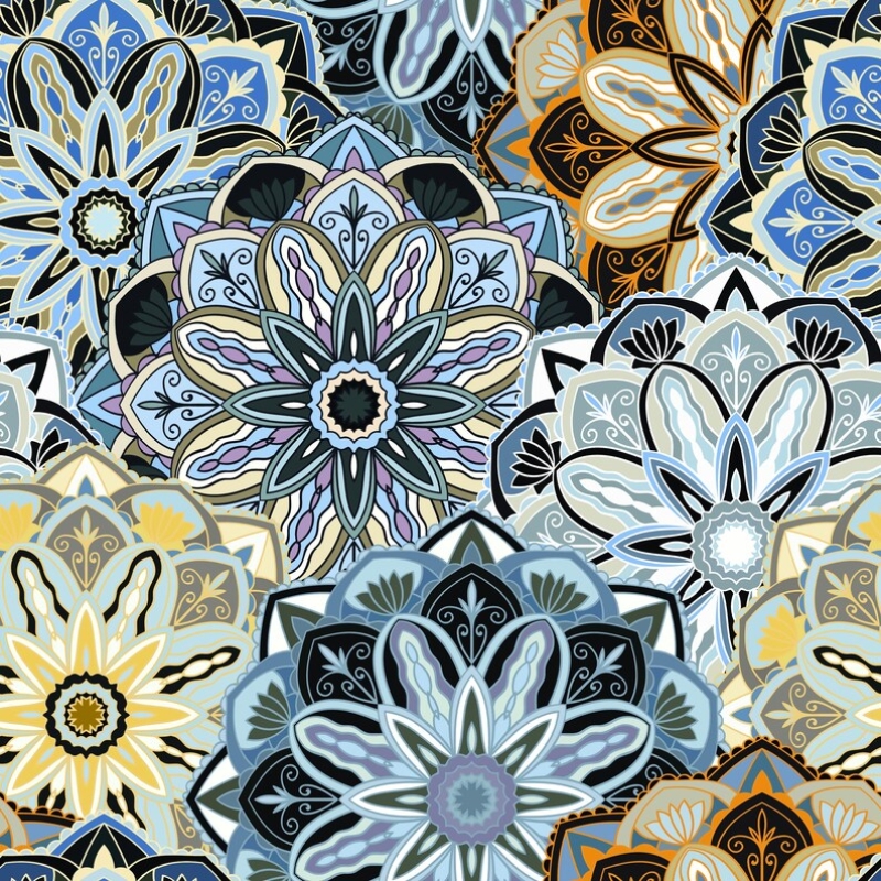 Bohemian Mandala Wallpaper | Ethnic Floral Seamless Pattern | Blue and Yellow Eclectic Wallpaper Mural
