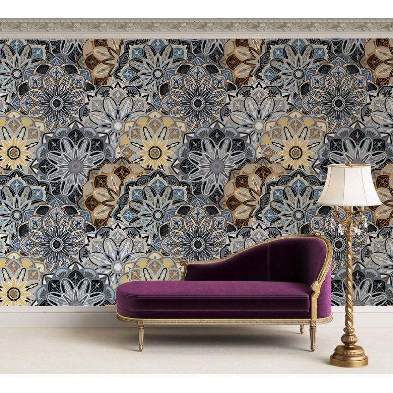 Bohemian Mandala Wallpaper | Ethnic Floral Seamless Pattern | Blue and Yellow Eclectic Wallpaper Mural
