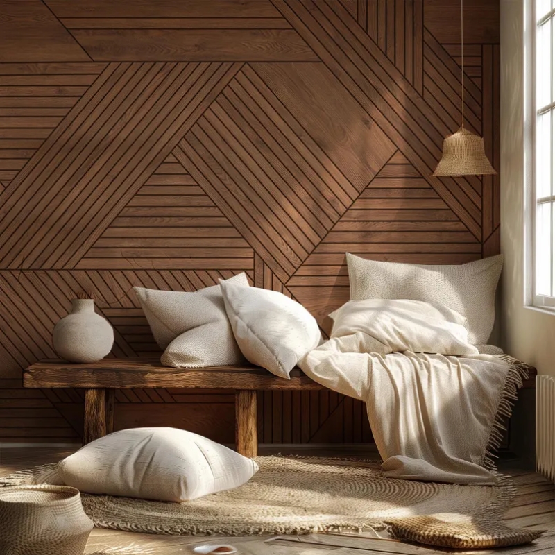 Geometric Wood Texture Wallpaper | Modern Parquet Wood Panel Effect | Interlocking Timber Wallpaper Mural