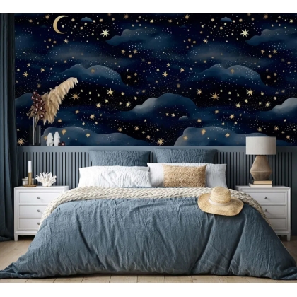 Dreamy Celestial Night Sky Wallpaper | Gold Stars & Moons Wallpaper Mural