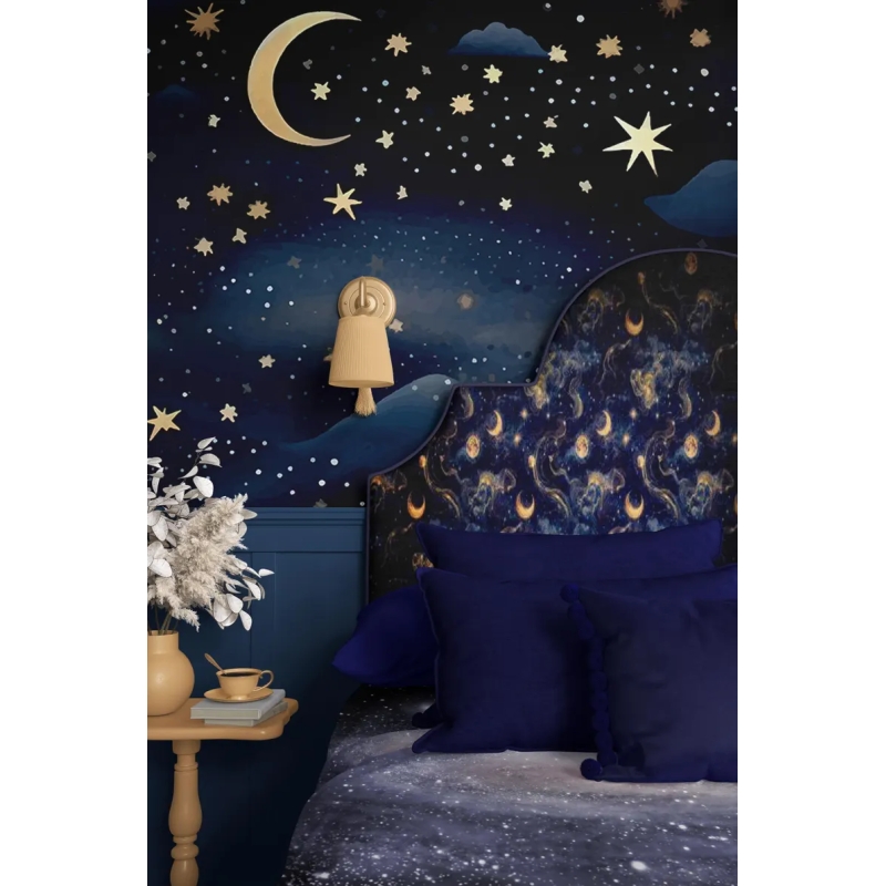 Dreamy Celestial Night Sky Wallpaper | Gold Stars & Moons Wallpaper Mural