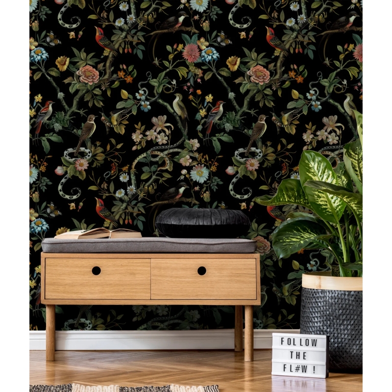 Secret Garden Night Botanical Bird & Snake Wallpaper | Dark Floral Chinoiserie Design