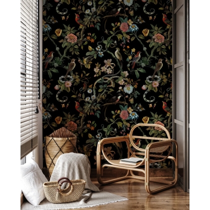 Secret Garden Night Botanical Bird & Snake Wallpaper | Dark Floral Chinoiserie Design