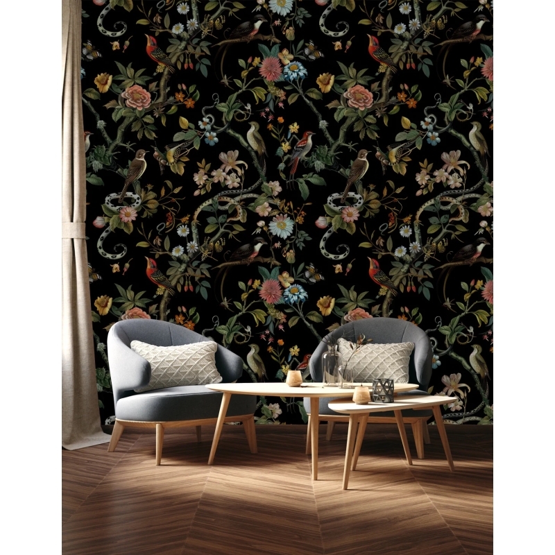 Secret Garden Night Botanical Bird & Snake Wallpaper | Dark Floral Chinoiserie Design